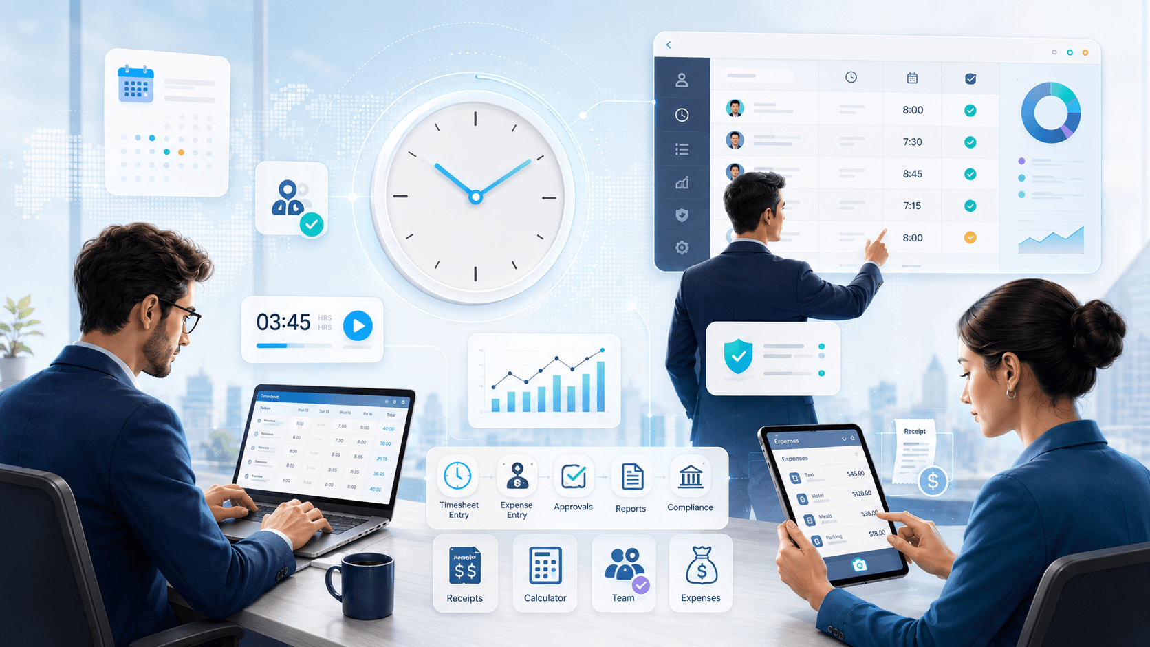 A team tracking time, submitting expenses, and approving timesheets across laptop, tablet, and dashboard views
