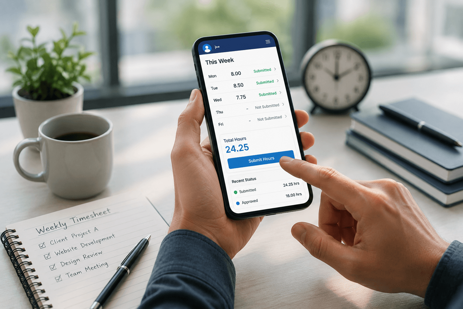 A contractor submitting weekly hours from a phone
