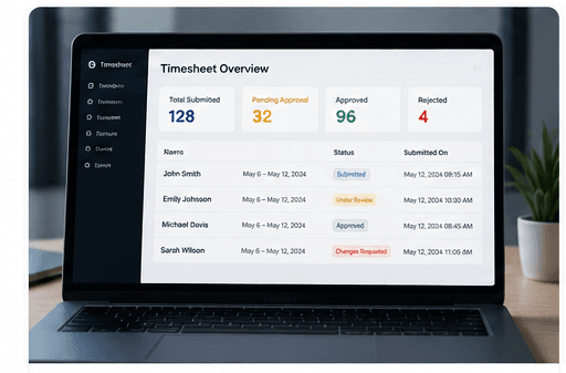 A timesheet overview listing each submission with its status, owner, and submitted date
