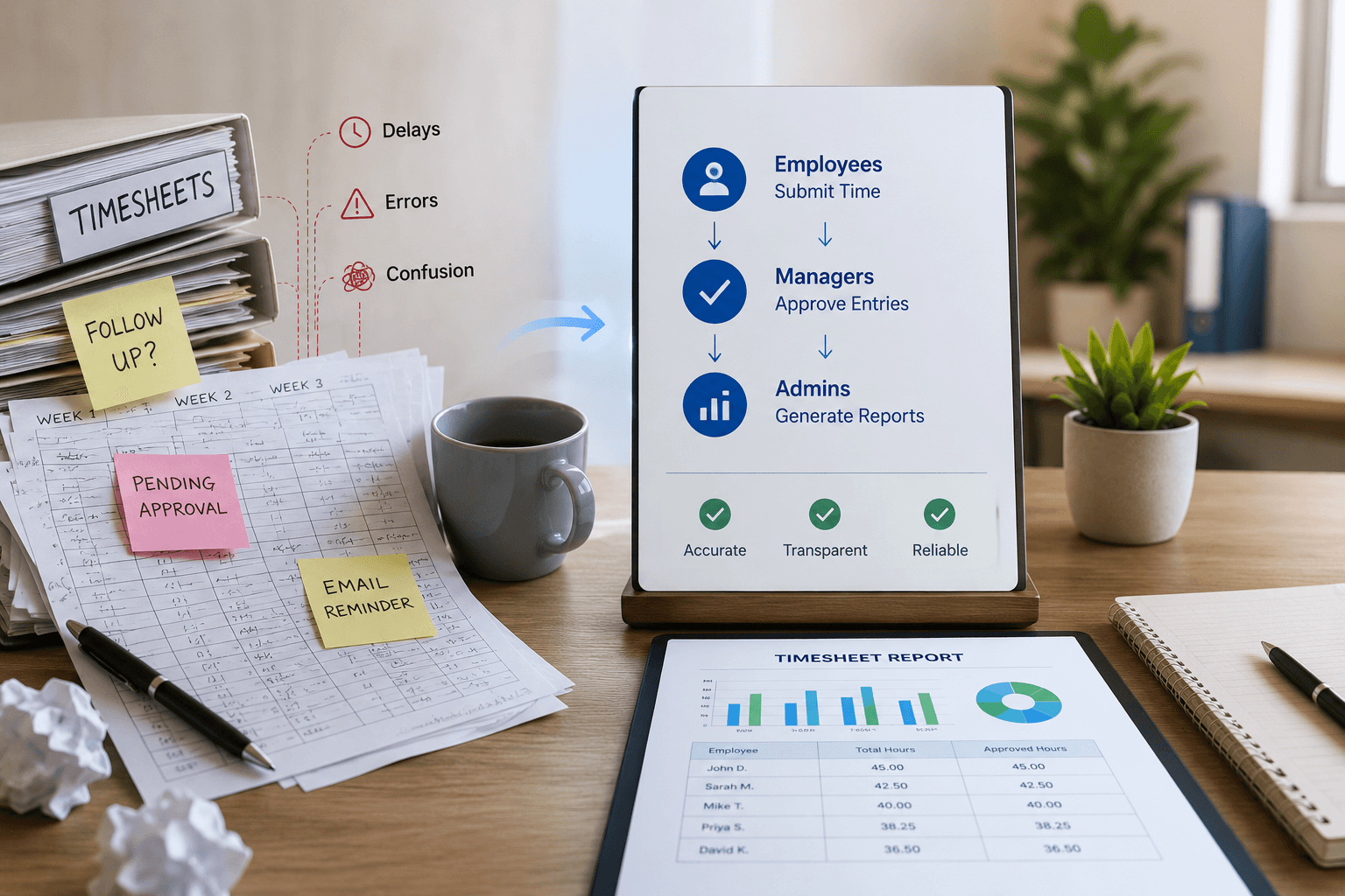 From manual timesheet chaos to a structured submit, approve, and report flow