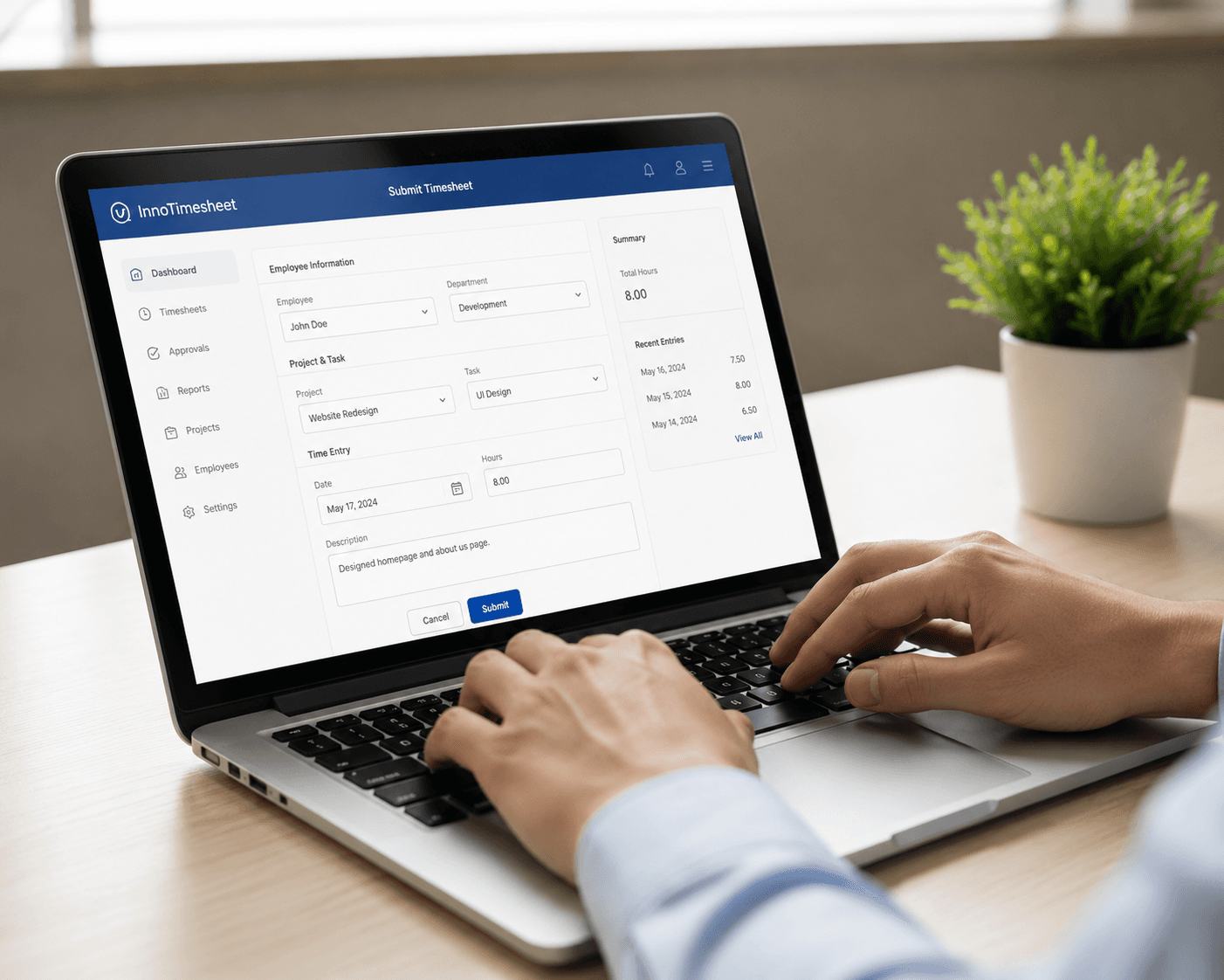 Employee submitting a timesheet in the InnoTimesheet app
