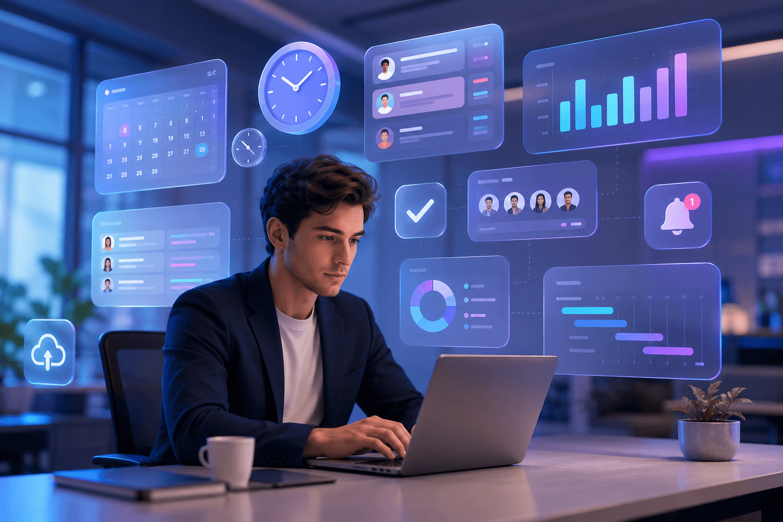An employee submitting hours while timesheet, calendar, approval, and reporting views float around the screen