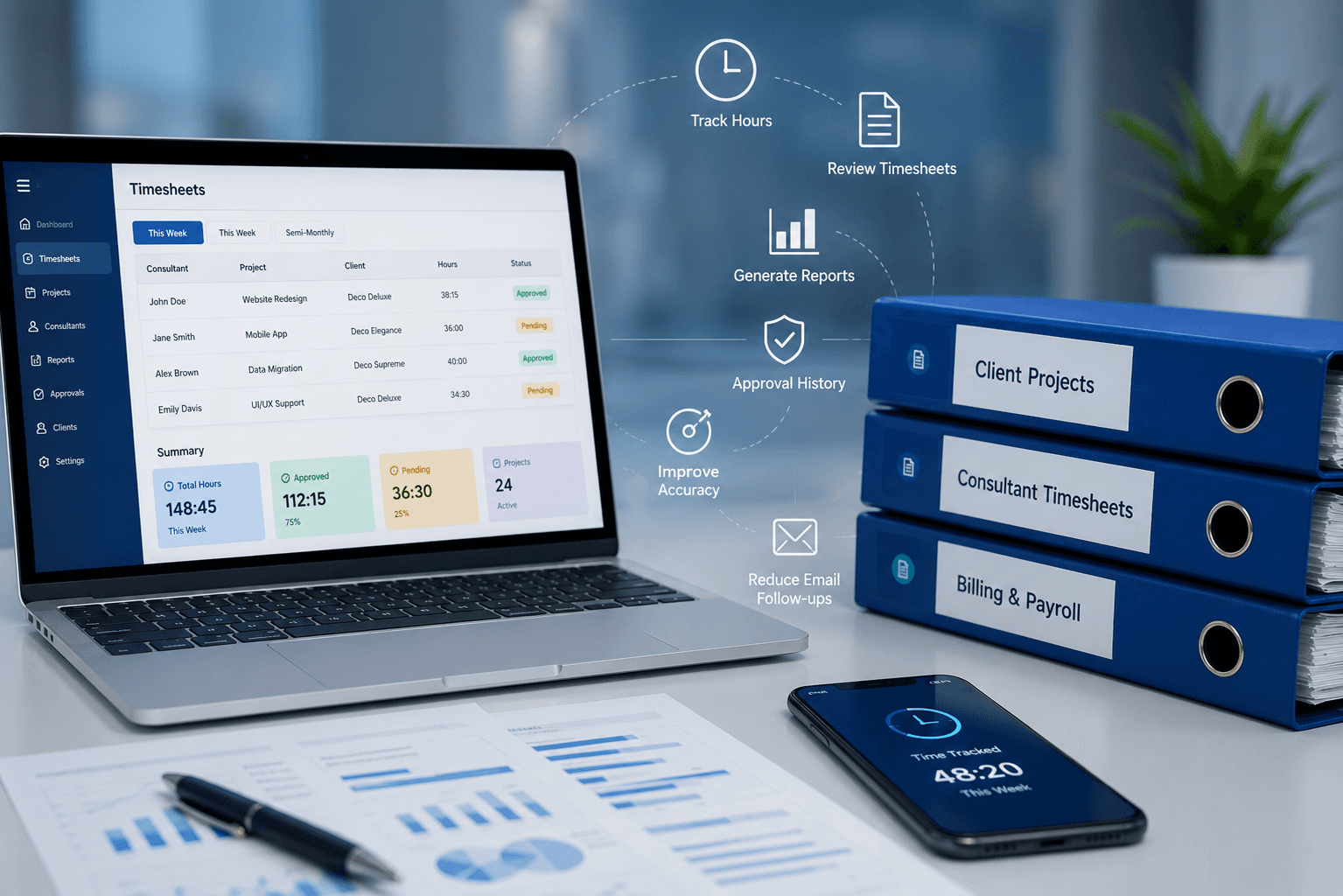 InnoTimesheet tracking consultant hours, client projects, approvals, and billing