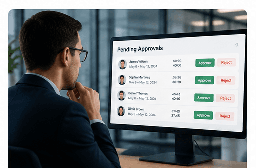 A manager working through a pending approvals queue with approve and reject actions