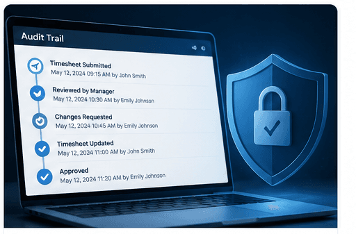 An audit trail timeline showing each submission, review, and approval with timestamps and a security shield