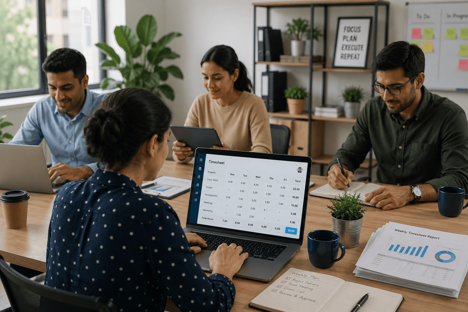 A small business team reviewing weekly timesheets together