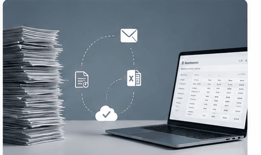 A stack of paper timesheets and email attachments being replaced by a single online system